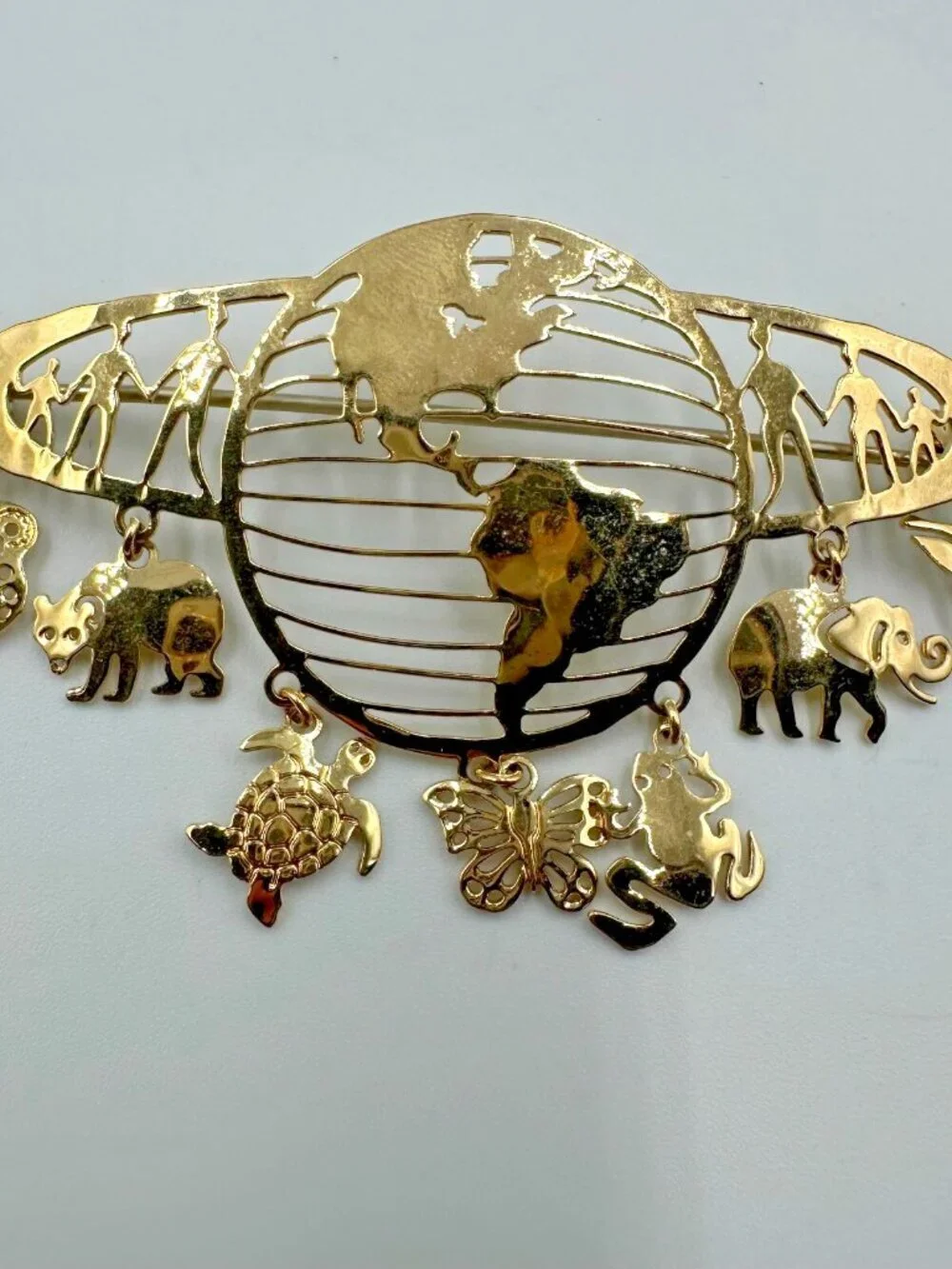 Vintage Wild Bryde Earth Brooch Gold Tone Animal Dangle Elephant Owl Turtle